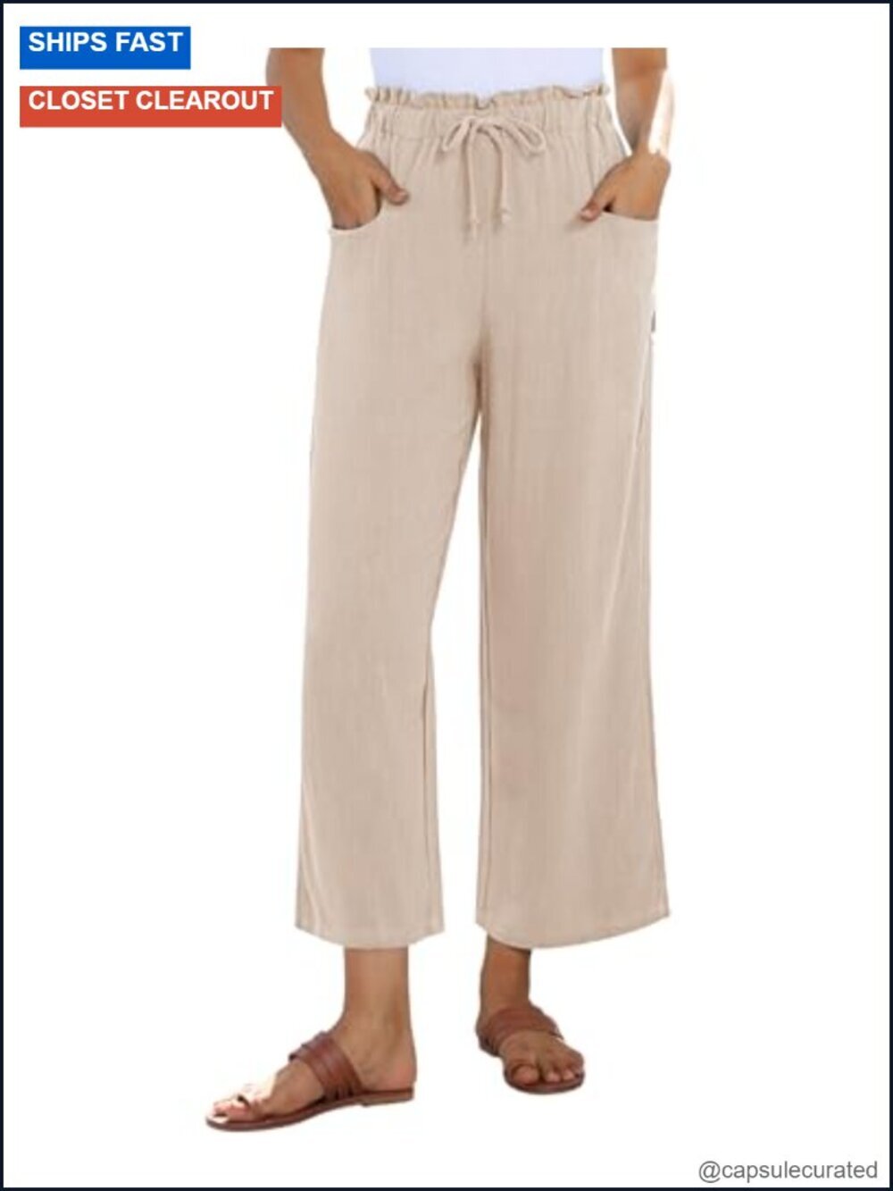 Wide Leg Linen Capri Pants Women Summer High Waist Palazzo Casual Flowy with